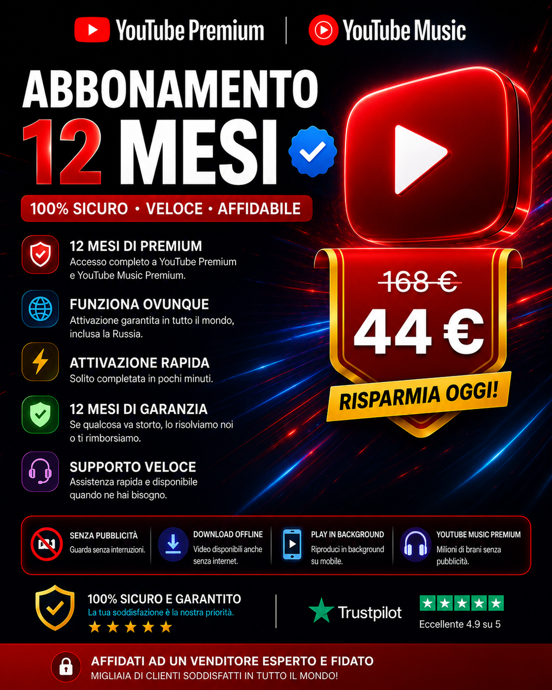 YouTube Premium + YouTube Music : 12 mesi